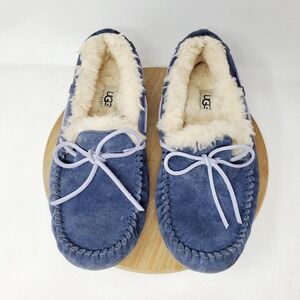 UGG Dakota Slippers Womens 7 Blue Suede Purple Shearling Lined Moc Toe Shoes